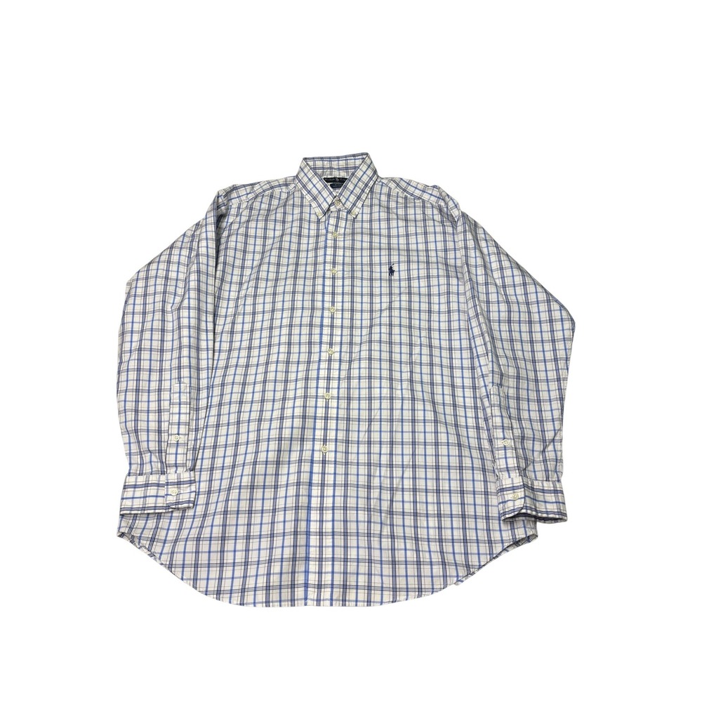 Polo Ralph Lauren Blake Mens Large Blue White Plaid Cotton Button Down Shirt L‎